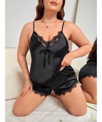 Women's Plus Size Contrast Lace Camisole and Shorts Pj Set Sleepwear Black Solid $13.34 Sleep & Lounge