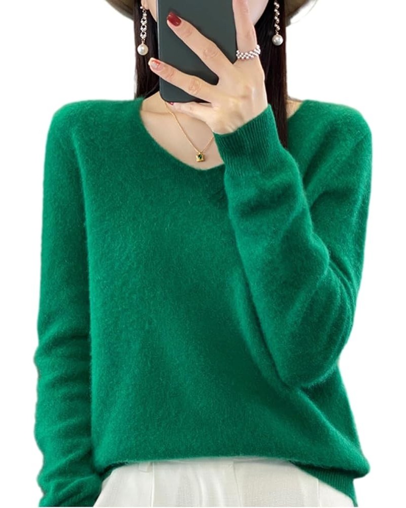 Women's Wool v-Neck Comfortable Pullover Sweater Autumn and Winter Fashion Versatile Long-Sleeved Wool Sweater Dark Green $21...