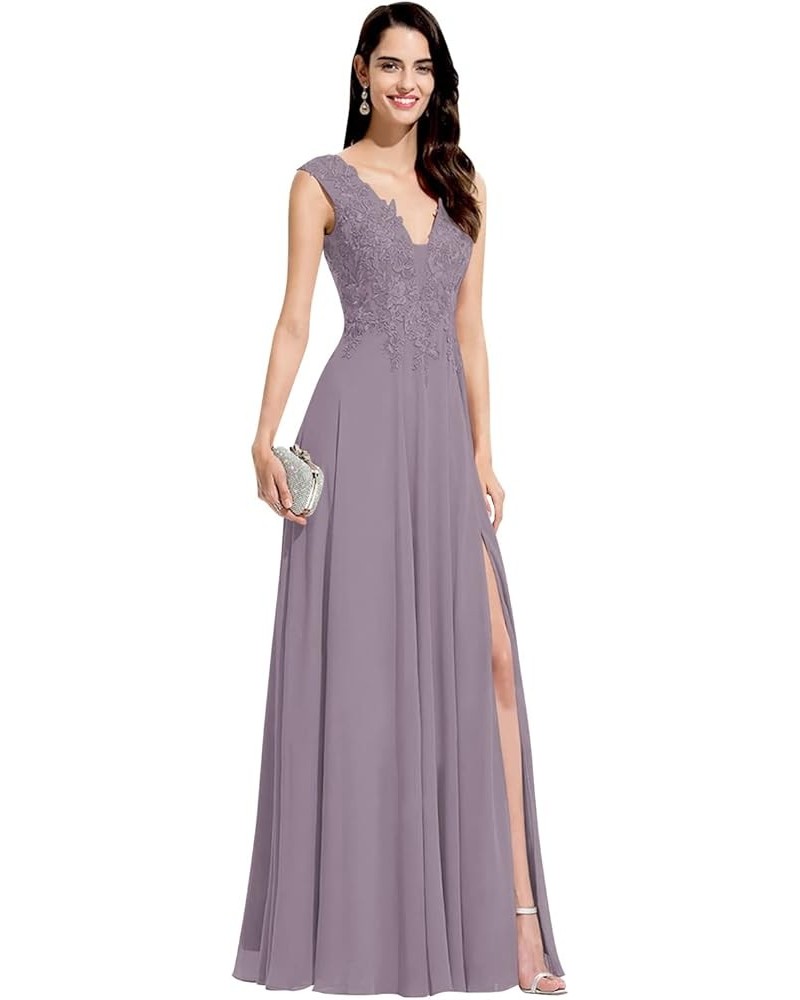 Lace Appliques Bridesmaid Dresses for Women V Neck A Line Chiffon Long Prom Dress with Slit SYYS017 Wisteria $38.99 Dresses