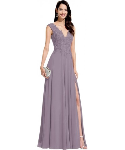 Lace Appliques Bridesmaid Dresses for Women V Neck A Line Chiffon Long Prom Dress with Slit SYYS017 Wisteria $38.99 Dresses