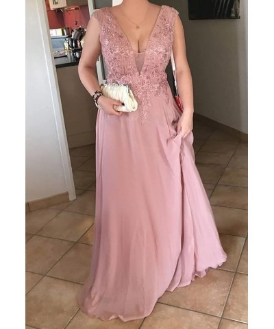 Lace Appliques Bridesmaid Dresses for Women V Neck A Line Chiffon Long Prom Dress with Slit SYYS017 Wisteria $38.99 Dresses