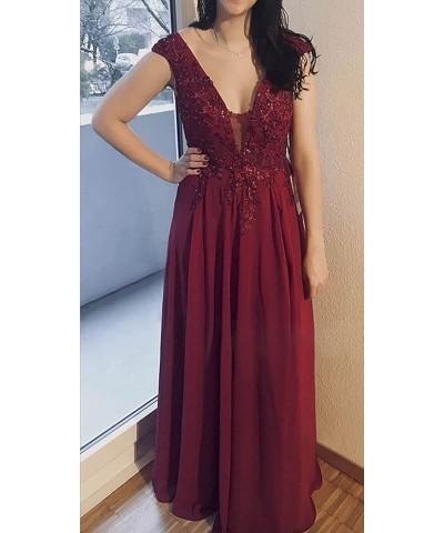 Lace Appliques Bridesmaid Dresses for Women V Neck A Line Chiffon Long Prom Dress with Slit SYYS017 Wisteria $38.99 Dresses