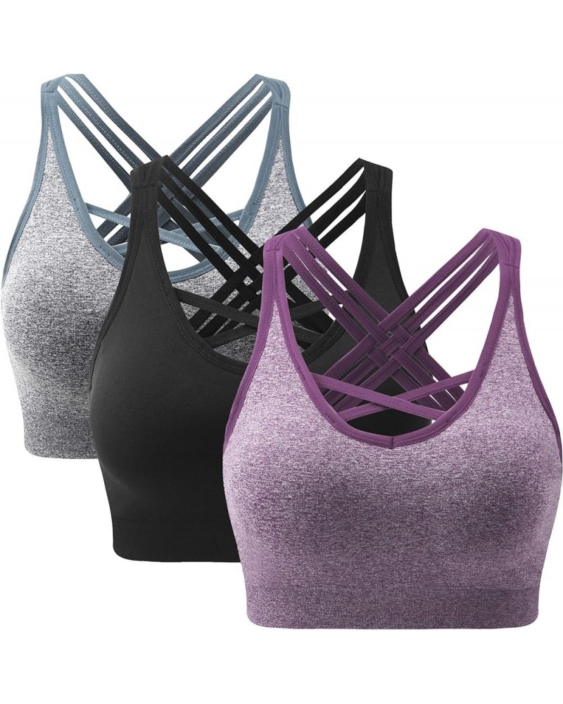 Strappy Sports Bras for Women - Medium Support Wirefree Yoga Bra Activewear A-black+grey+purple $16.32 Lingerie