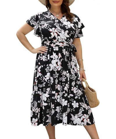 Womens Plus Size Short Sleeve V Neck Summer Boho Casual A-Line Floral Midi Dress with Pockets Black $14.57 Dresses