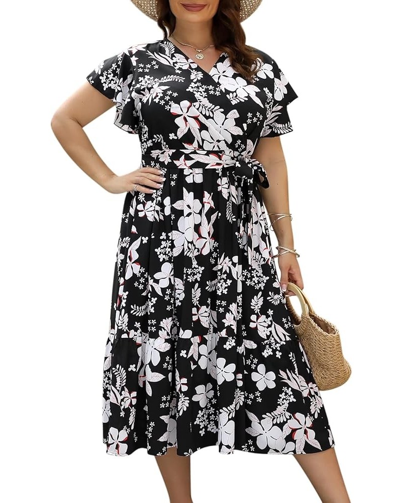 Womens Plus Size Short Sleeve V Neck Summer Boho Casual A-Line Floral Midi Dress with Pockets Black $14.57 Dresses