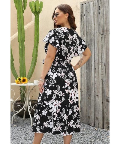 Womens Plus Size Short Sleeve V Neck Summer Boho Casual A-Line Floral Midi Dress with Pockets Black $14.57 Dresses