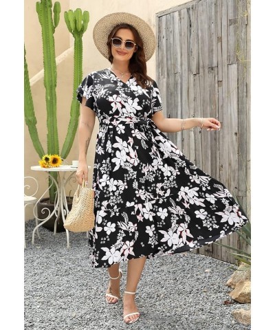 Womens Plus Size Short Sleeve V Neck Summer Boho Casual A-Line Floral Midi Dress with Pockets Black $14.57 Dresses