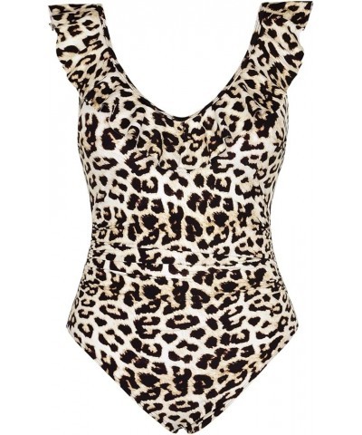 Women's One Piece Swimsuits V Neck Ruffled Swimwear Shirred Monokini Bathing Suit Tummy Control Yellow Leopard $22.13 Swimsuits