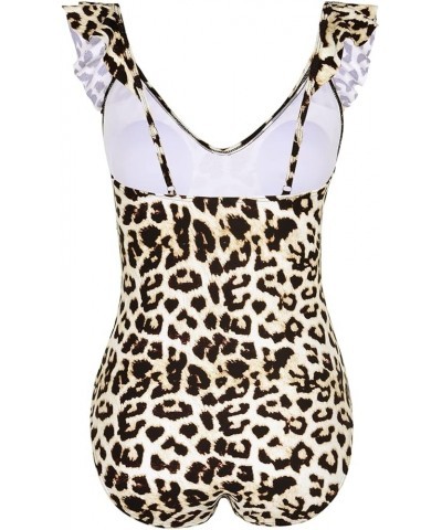 Women's One Piece Swimsuits V Neck Ruffled Swimwear Shirred Monokini Bathing Suit Tummy Control Yellow Leopard $22.13 Swimsuits