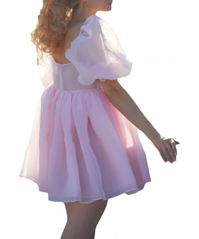 Women Puffy Tulle Mini Dress Square Neck Bubble Sleeve French Princess Fairy Dress Romantic Ruffle Mesh Short Dresses Pink $1...