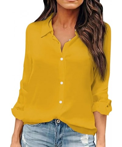 Women Button Down Shirts Long Sleeve Chiffon Office V Neck Casual Business Blouses Tops Yellow $16.65 Blouses