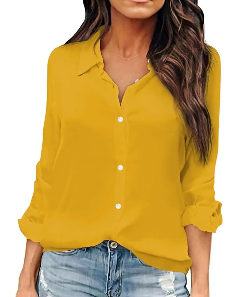 Women Button Down Shirts Long Sleeve Chiffon Office V Neck Casual Business Blouses Tops Yellow $16.65 Blouses