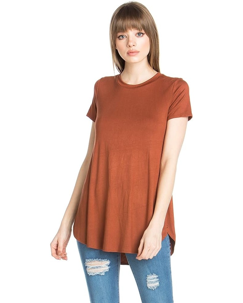 Women's Scoop Neck Short Sleeve Scallop Round Hem Tunic Top T-Shirts Hazelnut $10.40 Tops