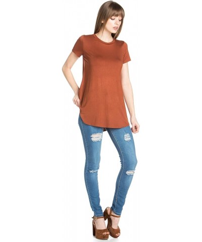 Women's Scoop Neck Short Sleeve Scallop Round Hem Tunic Top T-Shirts Hazelnut $10.40 Tops