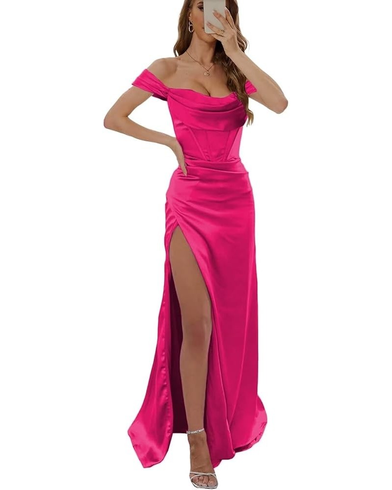 Mermaid Satin Prom Dresses Off Shoulder Long Ball Gown with High Slit Formal Evening Gown Hot Pink $34.50 Dresses