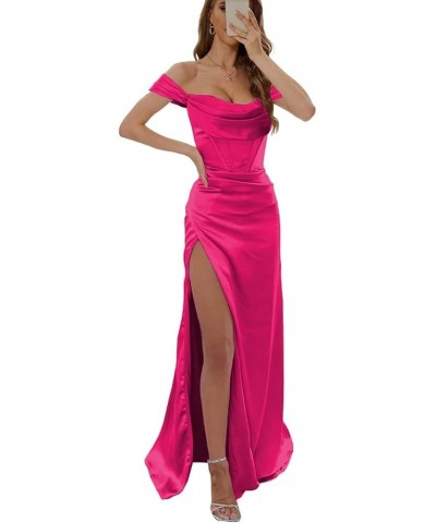 Mermaid Satin Prom Dresses Off Shoulder Long Ball Gown with High Slit Formal Evening Gown Hot Pink $34.50 Dresses