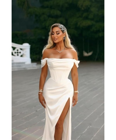 Mermaid Satin Prom Dresses Off Shoulder Long Ball Gown with High Slit Formal Evening Gown Hot Pink $34.50 Dresses