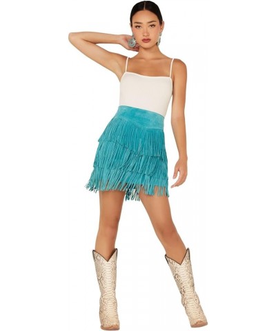 Women's Fringe Tiered Suede Mini Skirt - L704-Trq Turquoise $44.70 Skirts