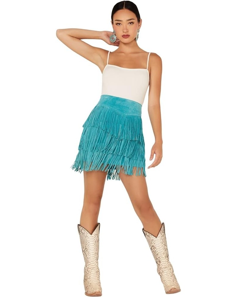 Women's Fringe Tiered Suede Mini Skirt - L704-Trq Turquoise $44.70 Skirts