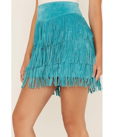 Women's Fringe Tiered Suede Mini Skirt - L704-Trq Turquoise $44.70 Skirts