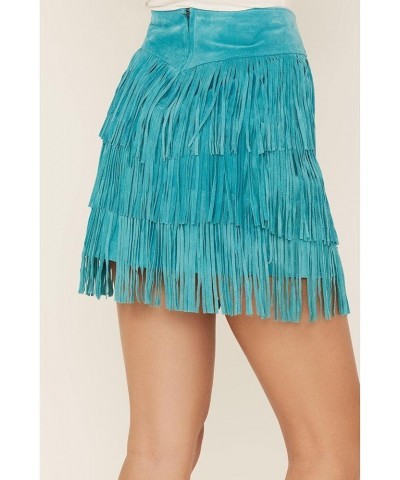 Women's Fringe Tiered Suede Mini Skirt - L704-Trq Turquoise $44.70 Skirts