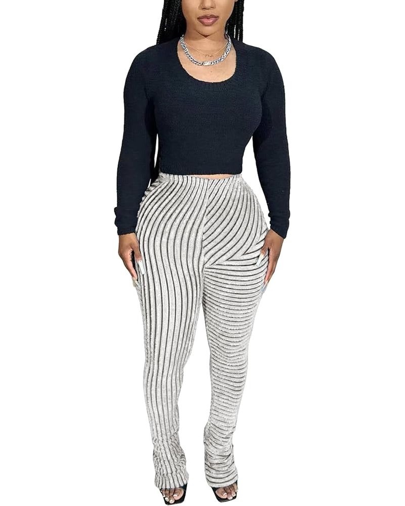 Women's Fuzzy Stacked Pants Casual Fall Stripe Patchwork High Waist Knit Sweatpants Flare Leggings Streetwear White $15.04 Le...