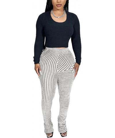 Women's Fuzzy Stacked Pants Casual Fall Stripe Patchwork High Waist Knit Sweatpants Flare Leggings Streetwear White $15.04 Le...