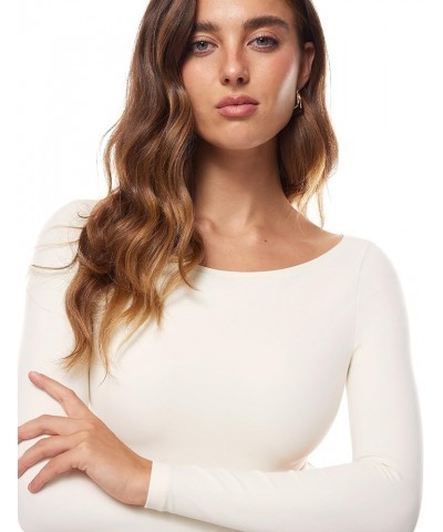 Women's Natrelax Long Sleeve Bodysuit Boat Neck Stretchy Basic Tops White Apricot $15.54 Bodysuits
