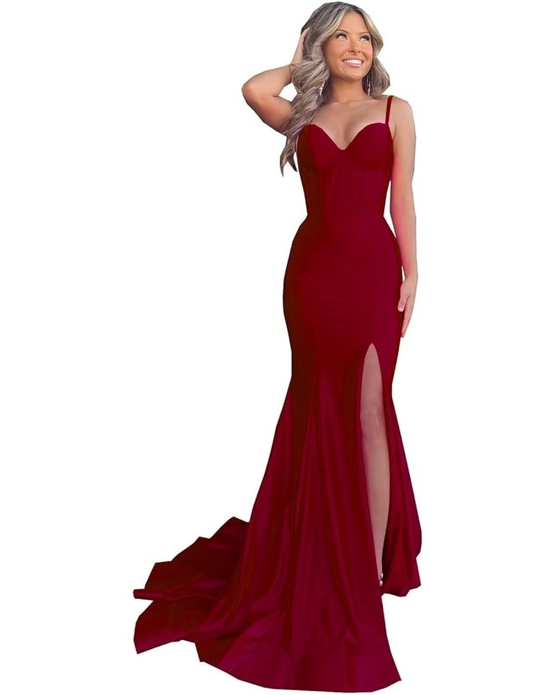 Satin Prom Dresses Long 2024 Sexy Side Slit Evening Gowns Mermaid Spaghetti Straps Formal Party Dresses Burgundy $34.02 Dresses