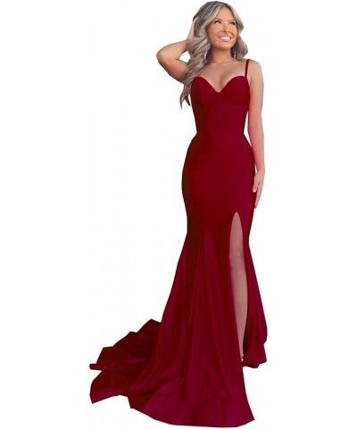 Satin Prom Dresses Long 2024 Sexy Side Slit Evening Gowns Mermaid Spaghetti Straps Formal Party Dresses Burgundy $34.02 Dresses