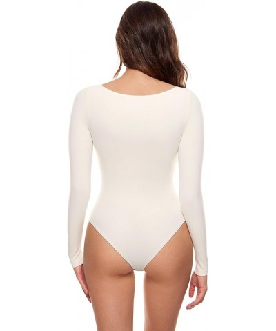 Women's Natrelax Long Sleeve Bodysuit Boat Neck Stretchy Basic Tops White Apricot $15.54 Bodysuits
