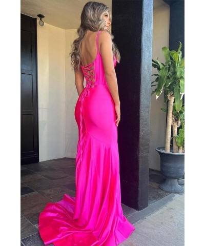 Satin Prom Dresses Long 2024 Sexy Side Slit Evening Gowns Mermaid Spaghetti Straps Formal Party Dresses Burgundy $34.02 Dresses