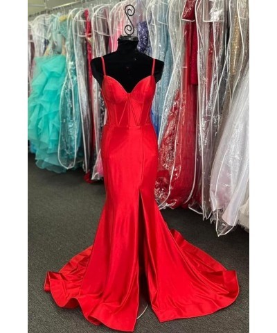 Satin Prom Dresses Long 2024 Sexy Side Slit Evening Gowns Mermaid Spaghetti Straps Formal Party Dresses Burgundy $34.02 Dresses