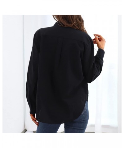 Womens V Neck Button Down Linen Shirts Long Sleeve Blouses Roll Up Casual Work Plain Solid Tops Black $11.48 Blouses