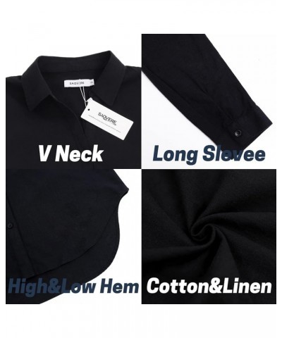 Womens V Neck Button Down Linen Shirts Long Sleeve Blouses Roll Up Casual Work Plain Solid Tops Black $11.48 Blouses