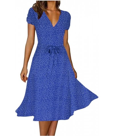 Dresses for Women 2023 Wedding Guest Summer V Neck Short Sleeve Belted Ruffle Hem A-Line Polka Dot Boho Maxi Dress Z04 Blue $...