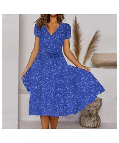 Dresses for Women 2023 Wedding Guest Summer V Neck Short Sleeve Belted Ruffle Hem A-Line Polka Dot Boho Maxi Dress Z04 Blue $...