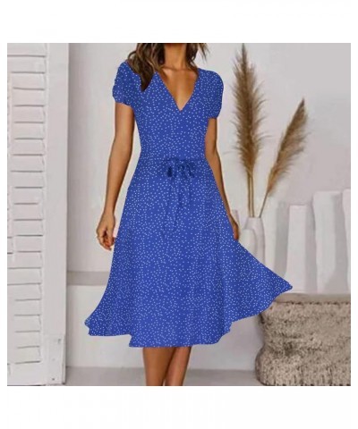 Dresses for Women 2023 Wedding Guest Summer V Neck Short Sleeve Belted Ruffle Hem A-Line Polka Dot Boho Maxi Dress Z04 Blue $...