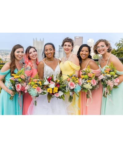 Women's Off The Shoulder Bridesmaid Dresses with Pockets Long Chiffon Pleated Formal Evening Gown Aqua Blue $29.14 Dresses