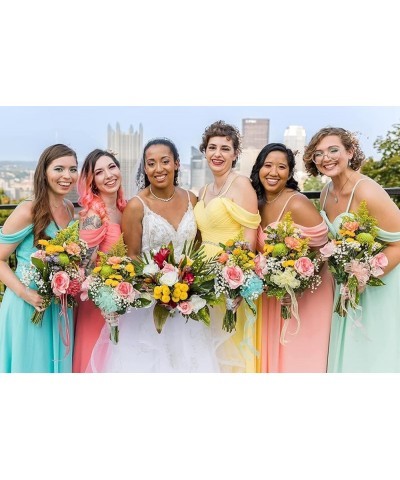 Women's Off The Shoulder Bridesmaid Dresses with Pockets Long Chiffon Pleated Formal Evening Gown Aqua Blue $29.14 Dresses