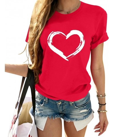 Women Cute Heart Graphic Crewneck Short Sleeve Regular Fit Casual Tee T-Shirts Tshirt Tops B Red $14.81 T-Shirts