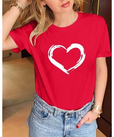 Women Cute Heart Graphic Crewneck Short Sleeve Regular Fit Casual Tee T-Shirts Tshirt Tops B Red $14.81 T-Shirts