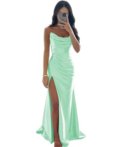 Strapless Satin Prom Dresses 2024 Cowl Neck Formal Dresses Mermaid Evening Party Gown with Slit Mint $32.66 Dresses