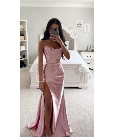 Strapless Satin Prom Dresses 2024 Cowl Neck Formal Dresses Mermaid Evening Party Gown with Slit Mint $32.66 Dresses