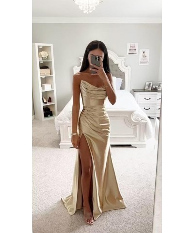 Strapless Satin Prom Dresses 2024 Cowl Neck Formal Dresses Mermaid Evening Party Gown with Slit Mint $32.66 Dresses