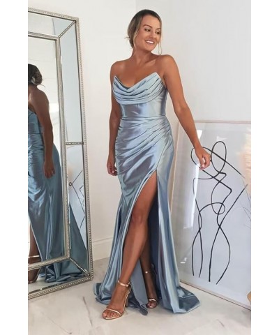 Strapless Satin Prom Dresses 2024 Cowl Neck Formal Dresses Mermaid Evening Party Gown with Slit Mint $32.66 Dresses