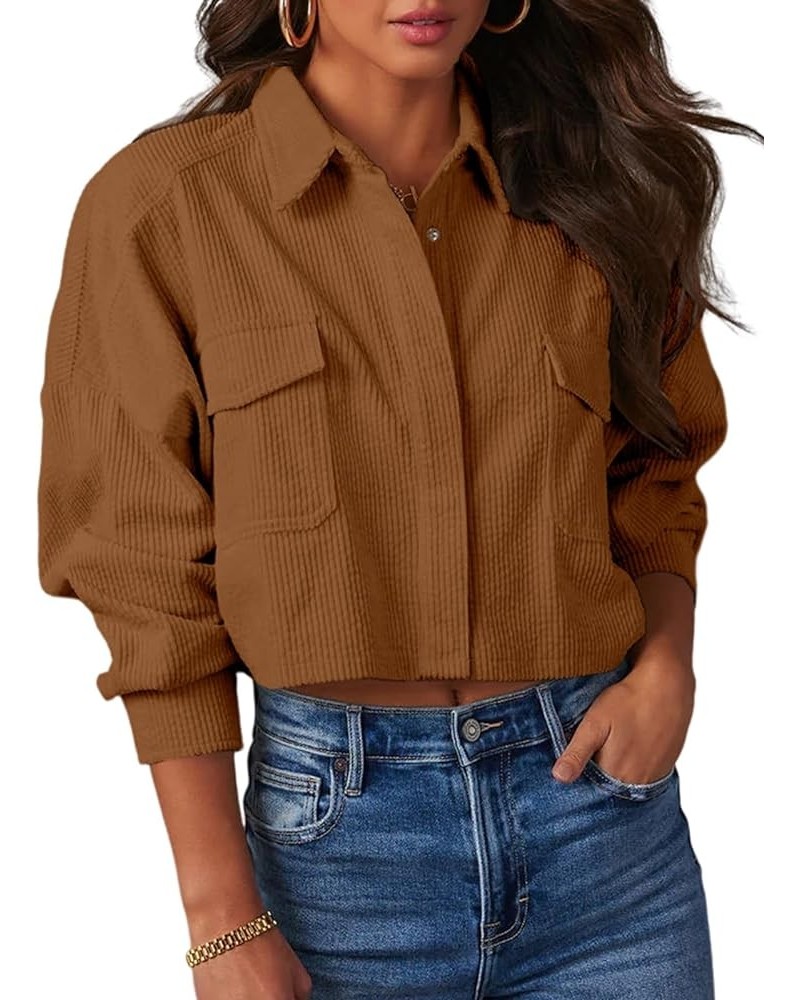 Womens Button Down Corduroy Shirt Cropped Long Sleeve Loose Fit Shacket Tops Brown $15.20 Blouses