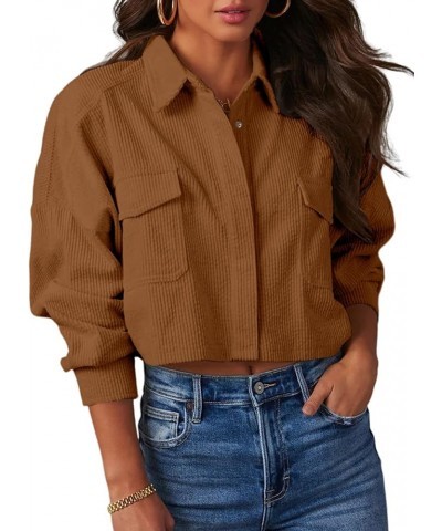 Womens Button Down Corduroy Shirt Cropped Long Sleeve Loose Fit Shacket Tops Brown $15.20 Blouses