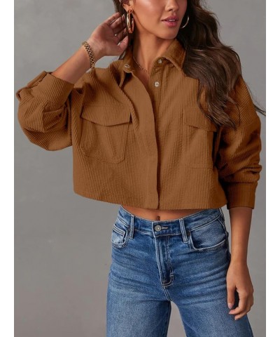 Womens Button Down Corduroy Shirt Cropped Long Sleeve Loose Fit Shacket Tops Brown $15.20 Blouses