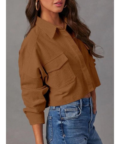 Womens Button Down Corduroy Shirt Cropped Long Sleeve Loose Fit Shacket Tops Brown $15.20 Blouses